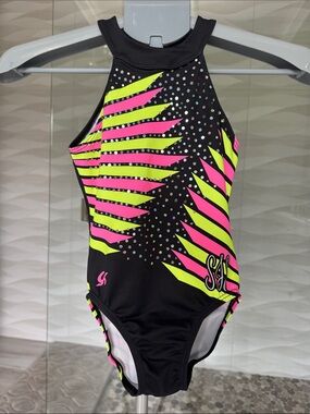 GK Kids Neon Pink and Neon Yellow Black Leotard CM